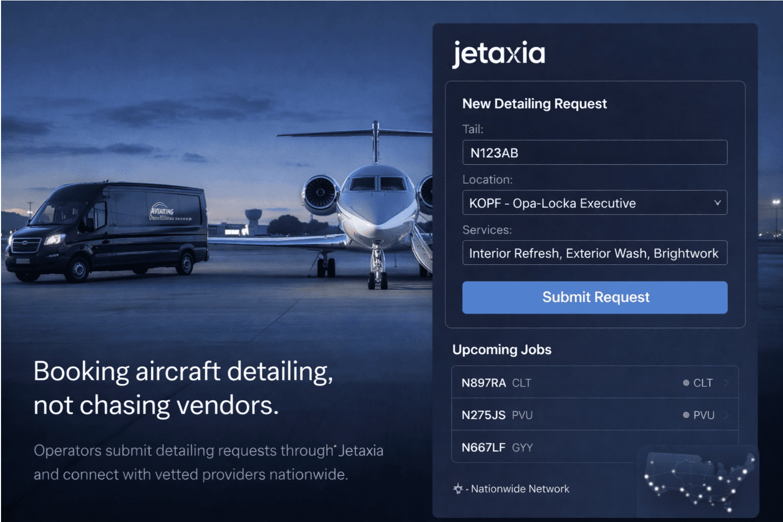 Jetaxia platform interface showing detailing request form and upcoming jobs dashboard with aircraft on tarmac